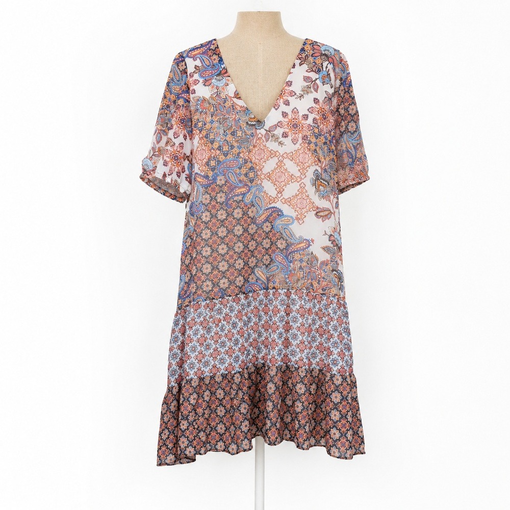 Boho Patchwork Paisley Shirt Dress Size M Purple Fairy Grunge Indie Cottagecore